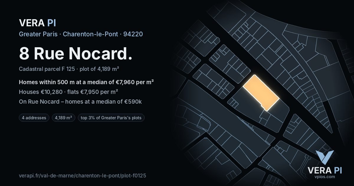 8 Rue Nocard, Charenton-le-Pont at night – the plot lit, the parcels around coloured by the prices near them