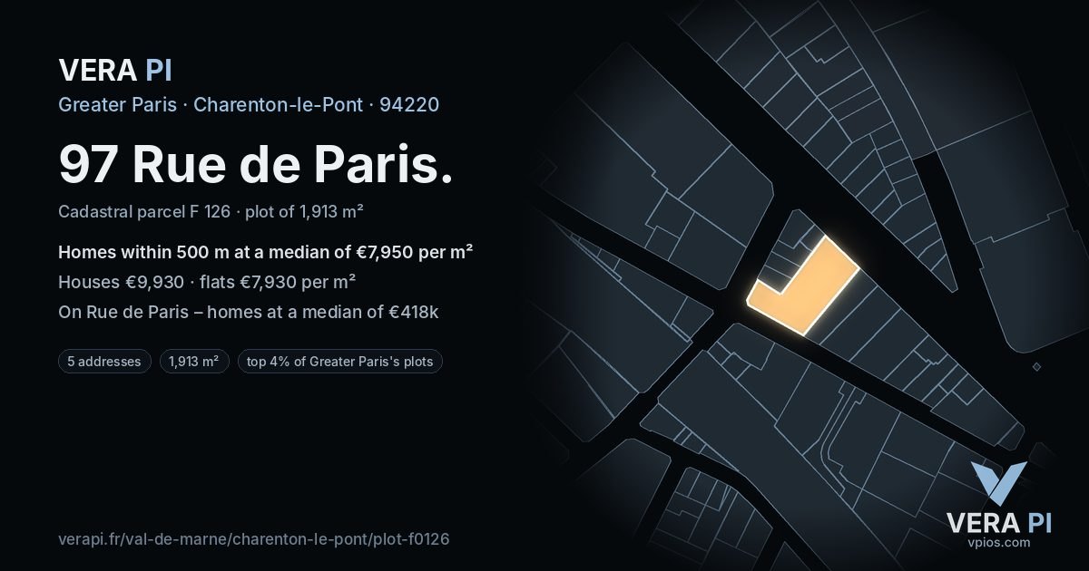 97 Rue de Paris, Charenton-le-Pont at night – the plot lit, the parcels around coloured by the prices near them