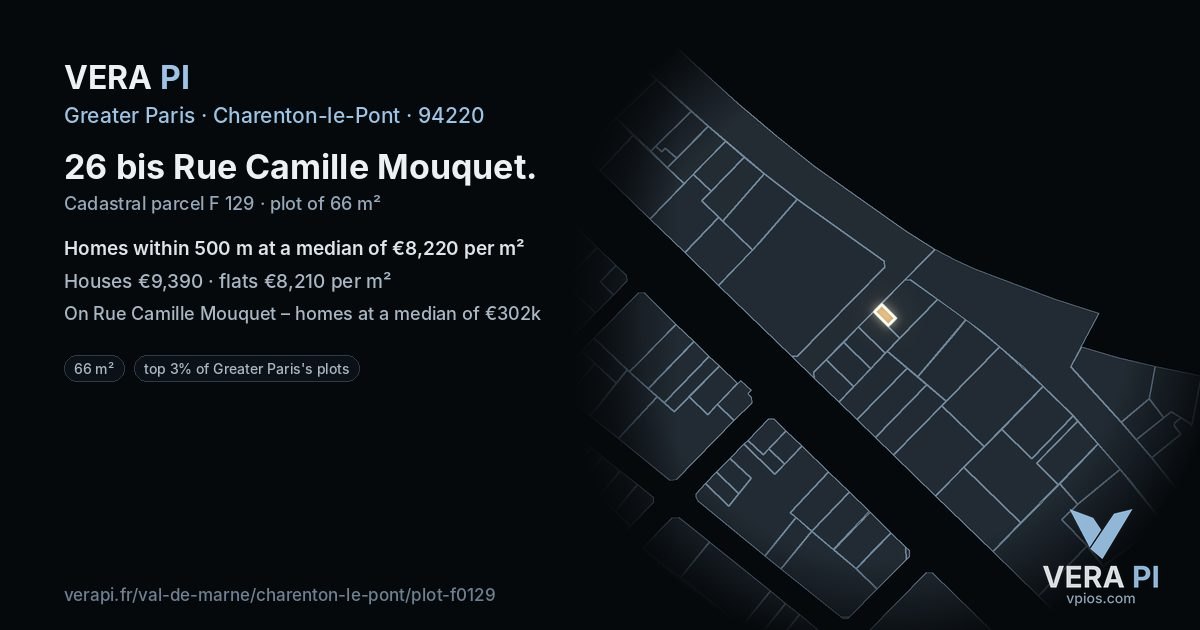 26 bis Rue Camille Mouquet, Charenton-le-Pont at night – the plot lit, the parcels around coloured by the prices near them