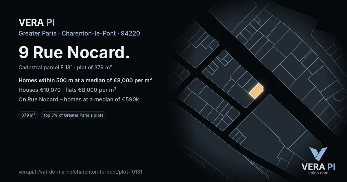 9 Rue Nocard, Charenton-le-Pont at night – the plot lit, the parcels around coloured by the prices near them
