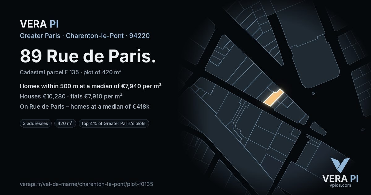 89 Rue de Paris, Charenton-le-Pont at night – the plot lit, the parcels around coloured by the prices near them