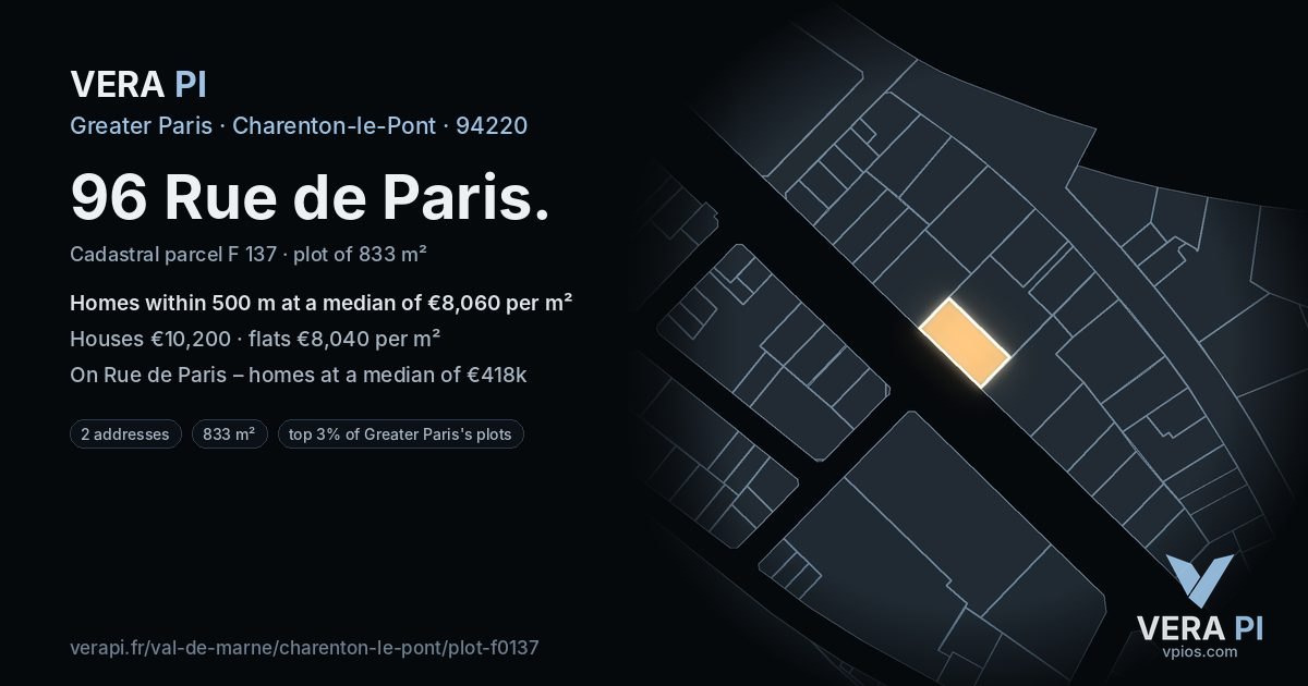 96 Rue de Paris, Charenton-le-Pont at night – the plot lit, the parcels around coloured by the prices near them