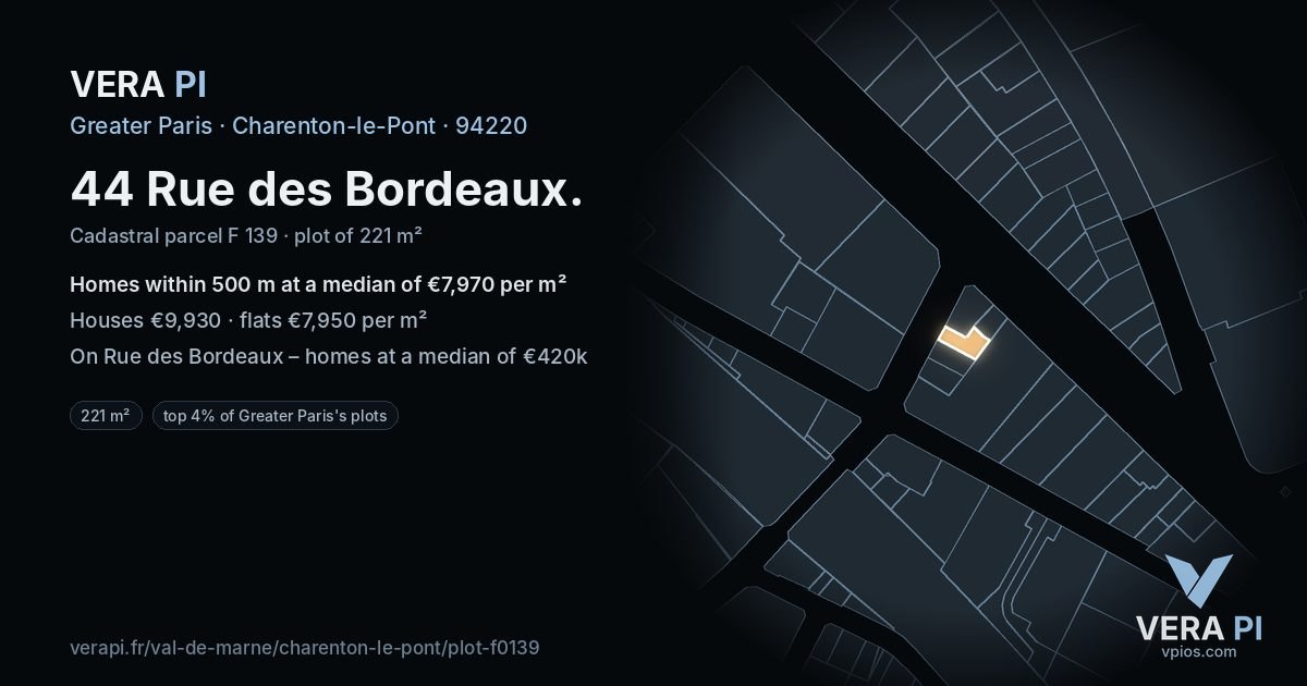 44 Rue des Bordeaux, Charenton-le-Pont at night – the plot lit, the parcels around coloured by the prices near them