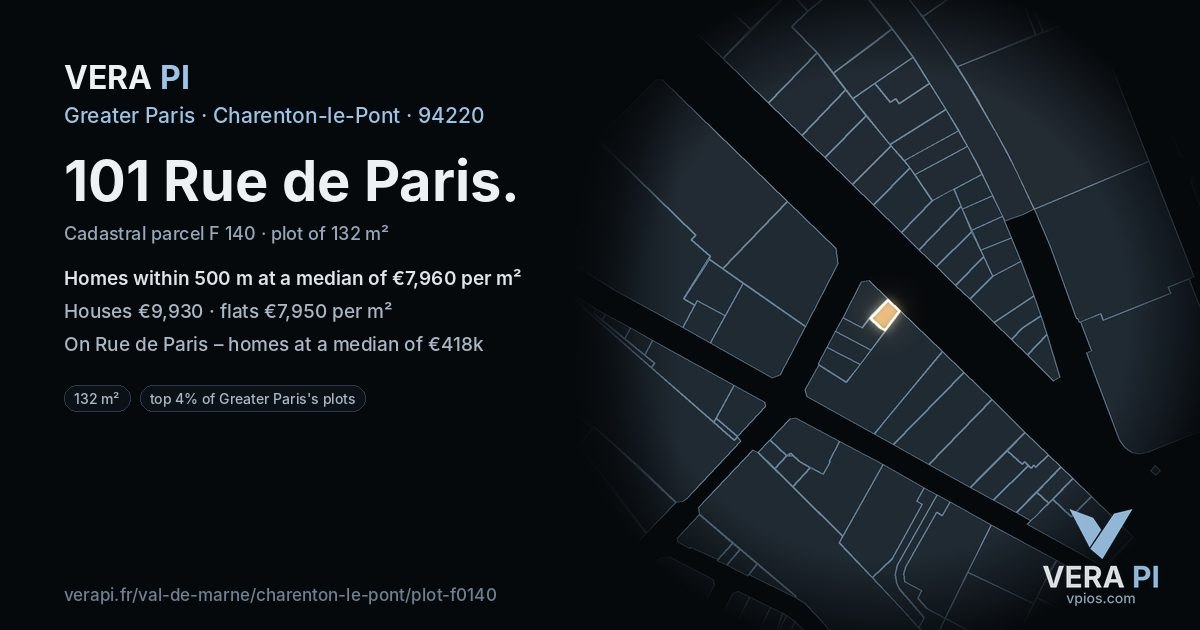 101 Rue de Paris, Charenton-le-Pont at night – the plot lit, the parcels around coloured by the prices near them