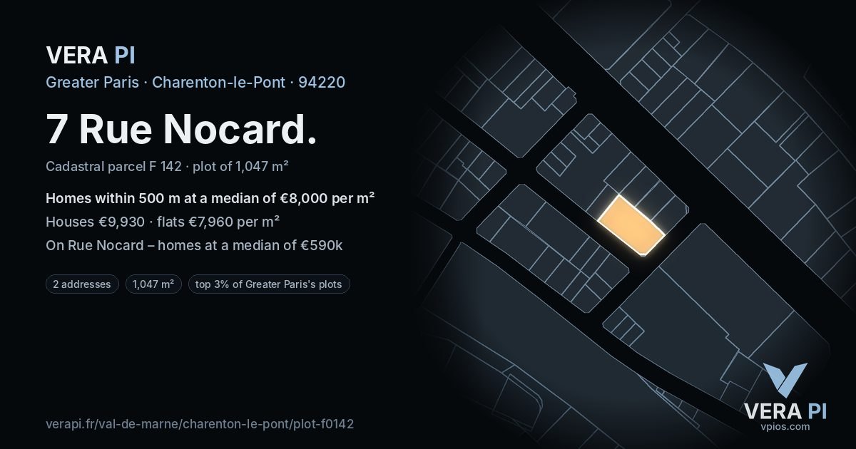 7 Rue Nocard, Charenton-le-Pont at night – the plot lit, the parcels around coloured by the prices near them