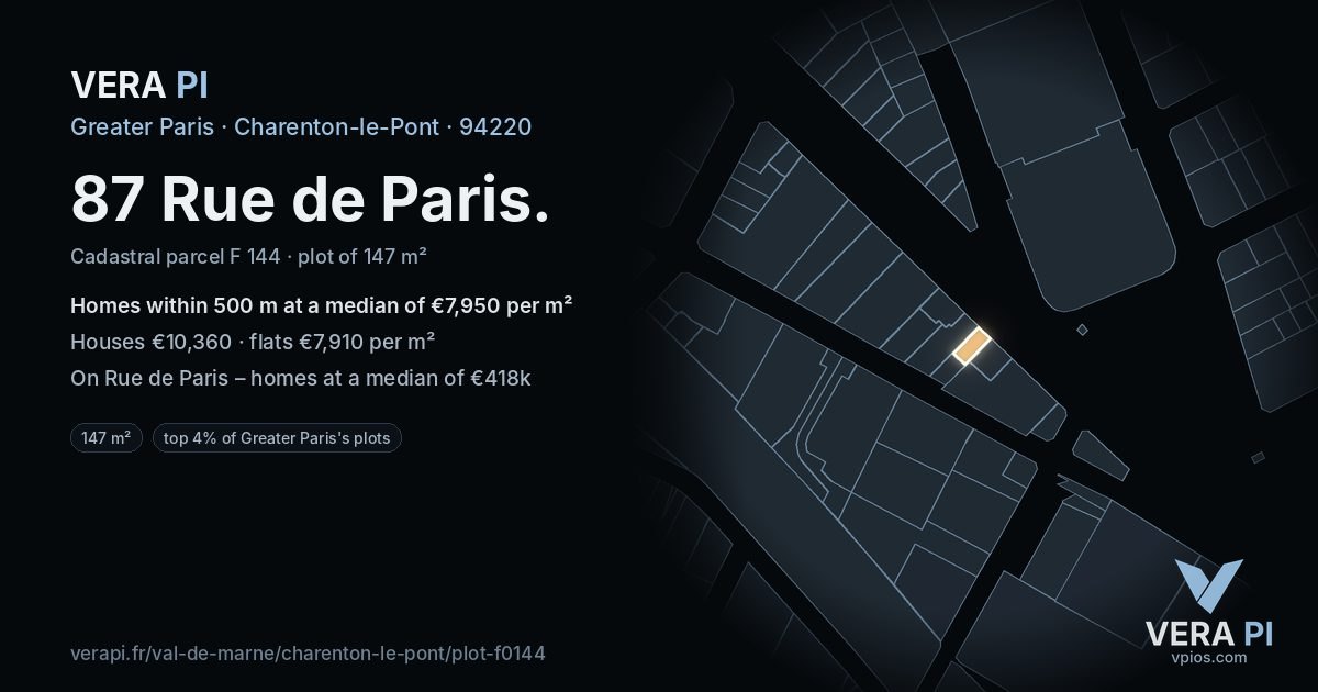 87 Rue de Paris, Charenton-le-Pont at night – the plot lit, the parcels around coloured by the prices near them