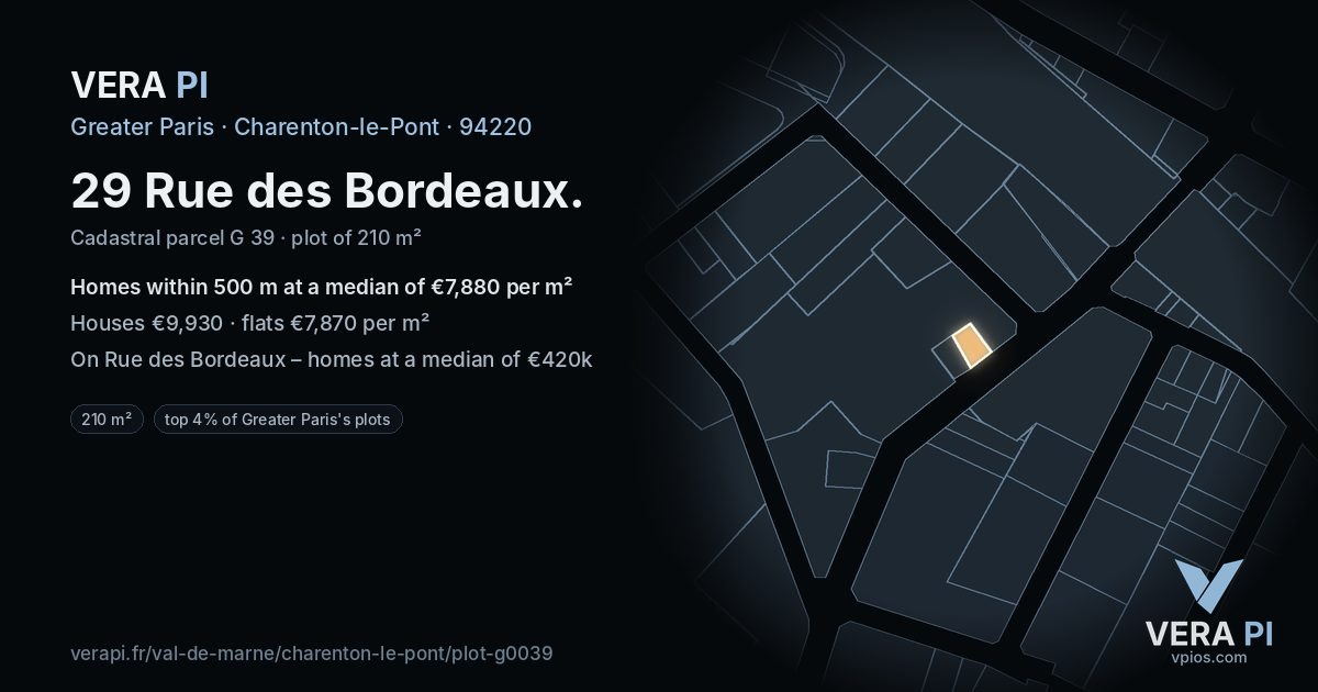 29 Rue des Bordeaux, Charenton-le-Pont at night – the plot lit, the parcels around coloured by the prices near them