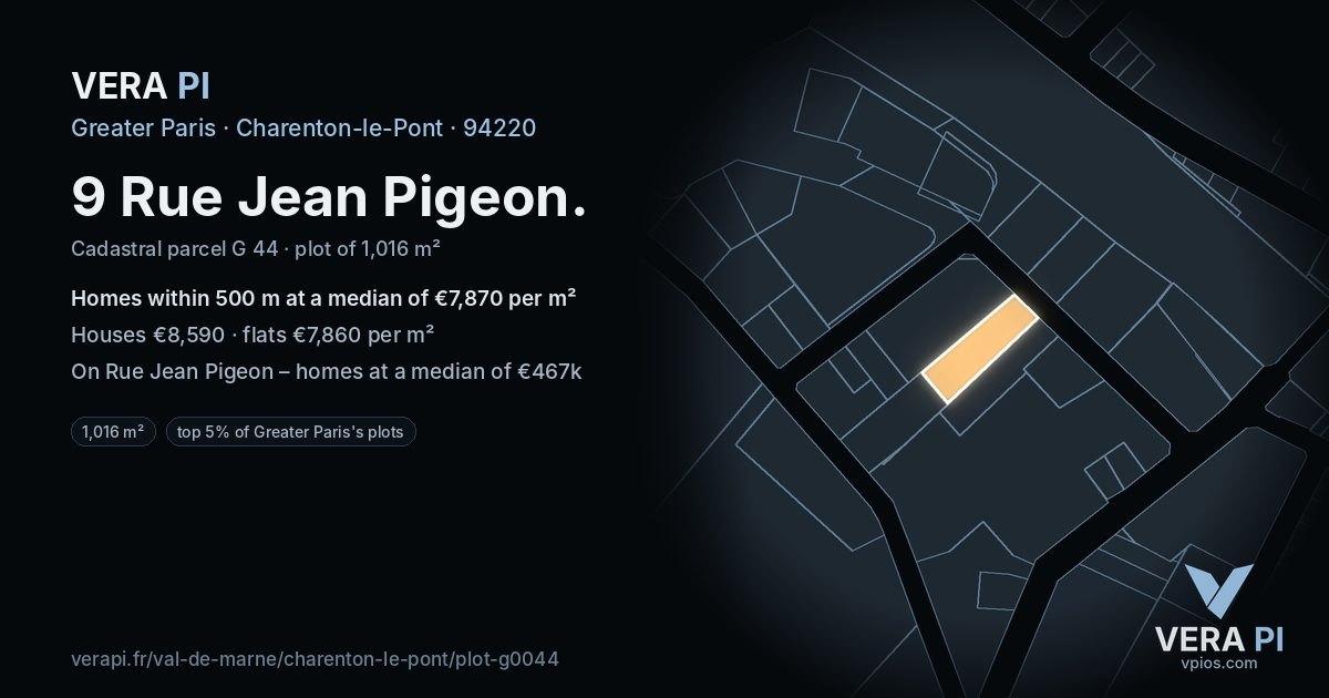 9 Rue Jean Pigeon, Charenton-le-Pont at night – the plot lit, the parcels around coloured by the prices near them