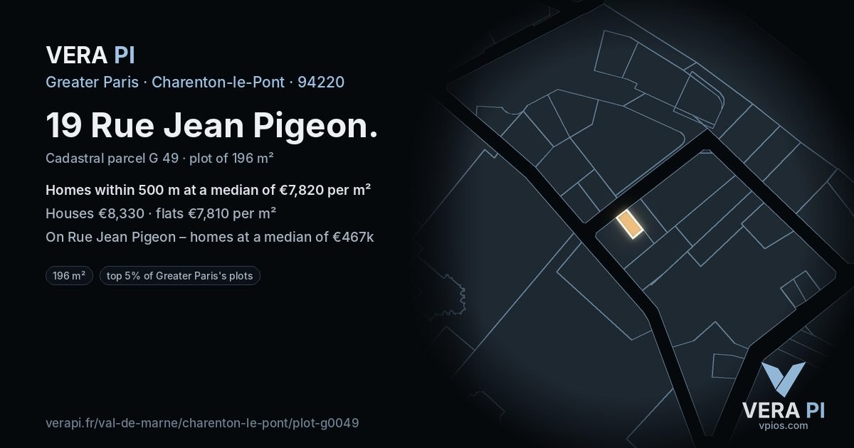 19 Rue Jean Pigeon, Charenton-le-Pont at night – the plot lit, the parcels around coloured by the prices near them