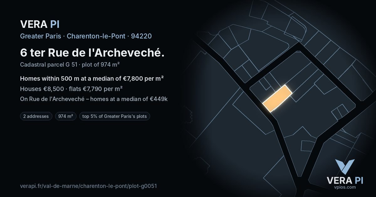 6 ter Rue de l'Archeveché, Charenton-le-Pont at night – the plot lit, the parcels around coloured by the prices near them