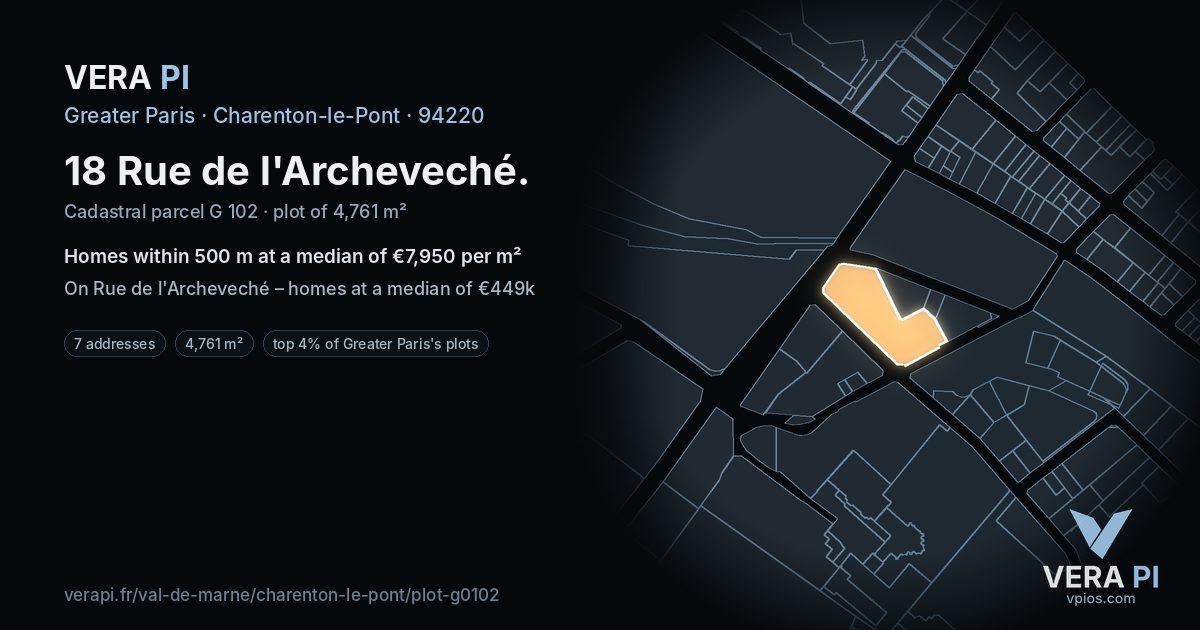 18 Rue de l'Archeveché, Charenton-le-Pont at night – the plot lit, the parcels around coloured by the prices near them