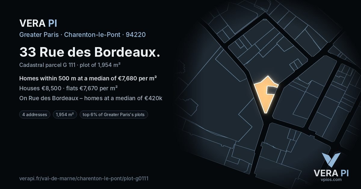 33 Rue des Bordeaux, Charenton-le-Pont at night – the plot lit, the parcels around coloured by the prices near them