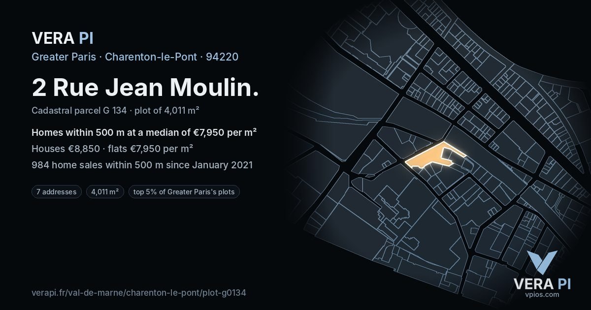 2 Rue Jean Moulin, Charenton-le-Pont at night – the plot lit, the parcels around coloured by the prices near them