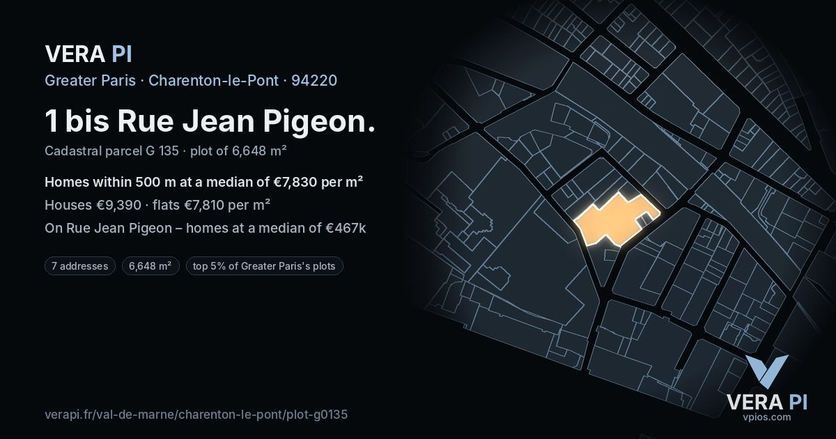 1 bis Rue Jean Pigeon, Charenton-le-Pont at night – the plot lit, the parcels around coloured by the prices near them