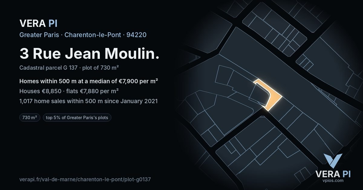 3 Rue Jean Moulin, Charenton-le-Pont at night – the plot lit, the parcels around coloured by the prices near them