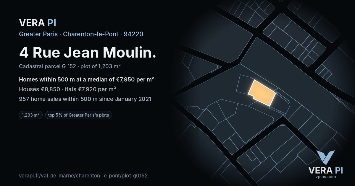 4 Rue Jean Moulin, Charenton-le-Pont at night – the plot lit, the parcels around coloured by the prices near them