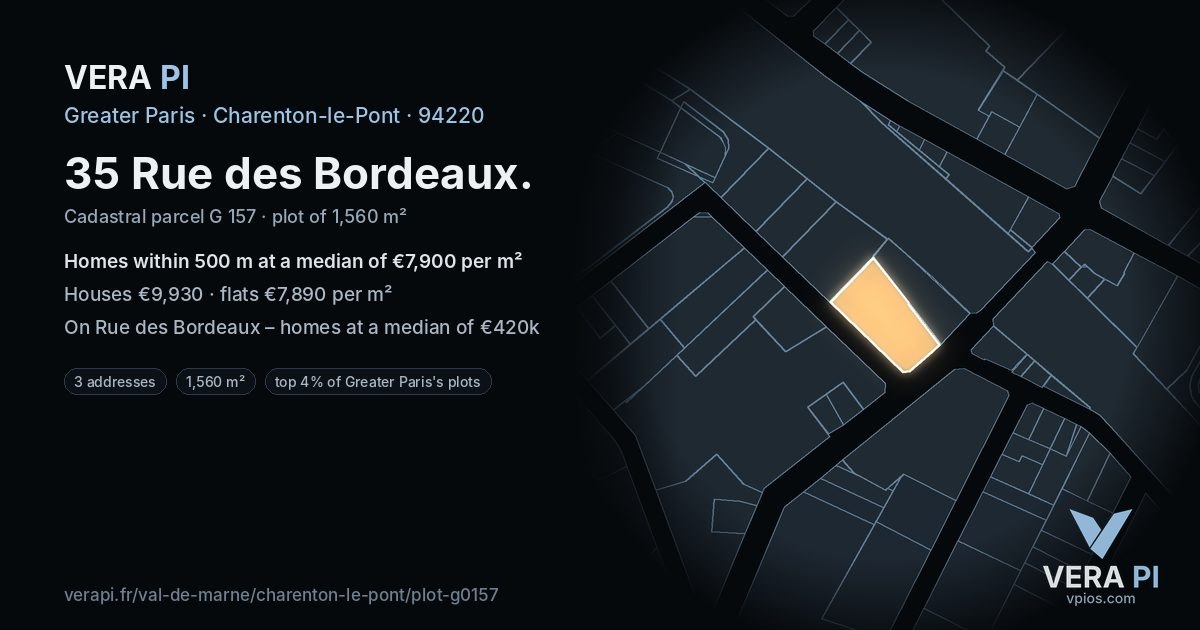 35 Rue des Bordeaux, Charenton-le-Pont at night – the plot lit, the parcels around coloured by the prices near them