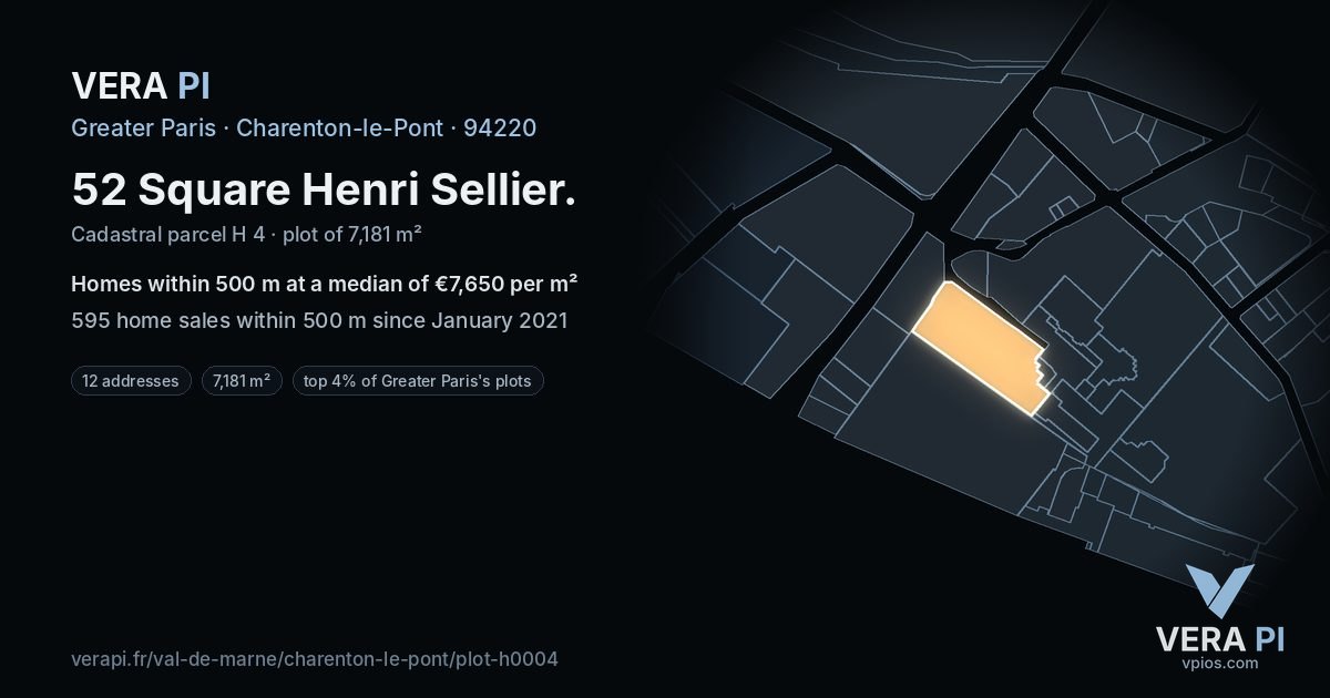52 Square Henri Sellier, Charenton-le-Pont at night – the plot lit, the parcels around coloured by the prices near them