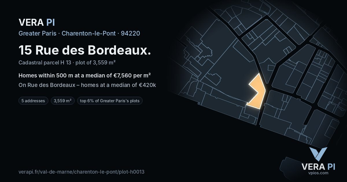 15 Rue des Bordeaux, Charenton-le-Pont at night – the plot lit, the parcels around coloured by the prices near them