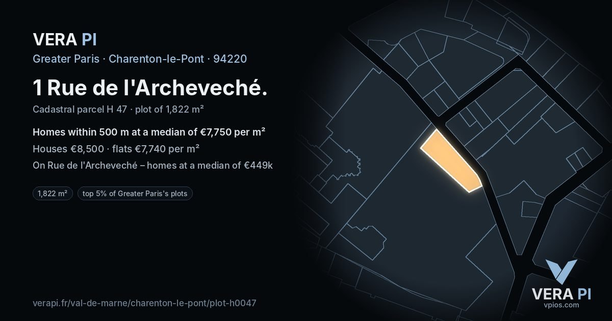 1 Rue de l'Archeveché, Charenton-le-Pont at night – the plot lit, the parcels around coloured by the prices near them