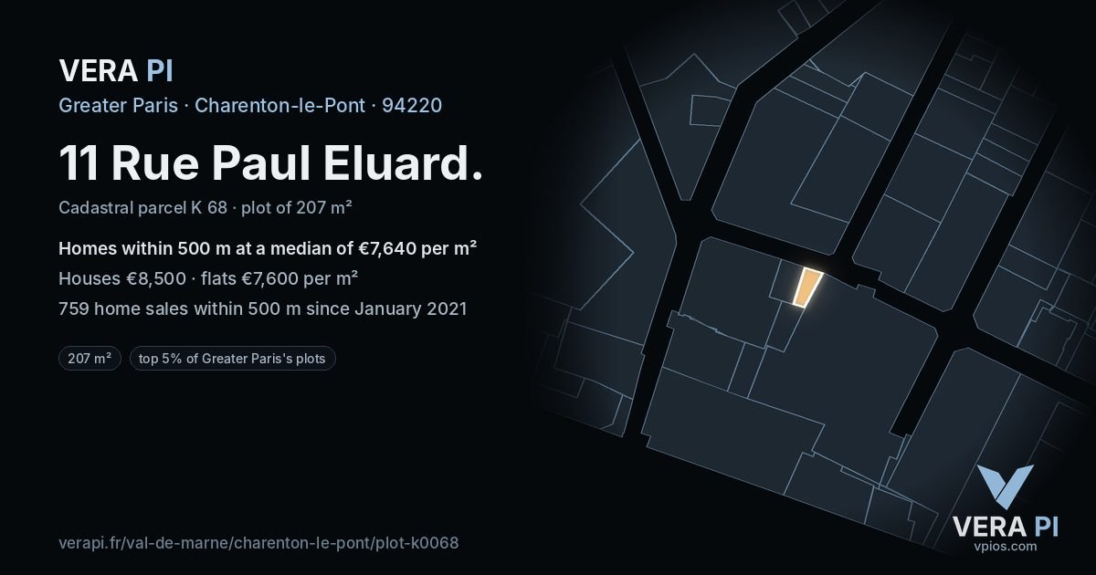 11 Rue Paul Eluard, Charenton-le-Pont at night – the plot lit, the parcels around coloured by the prices near them