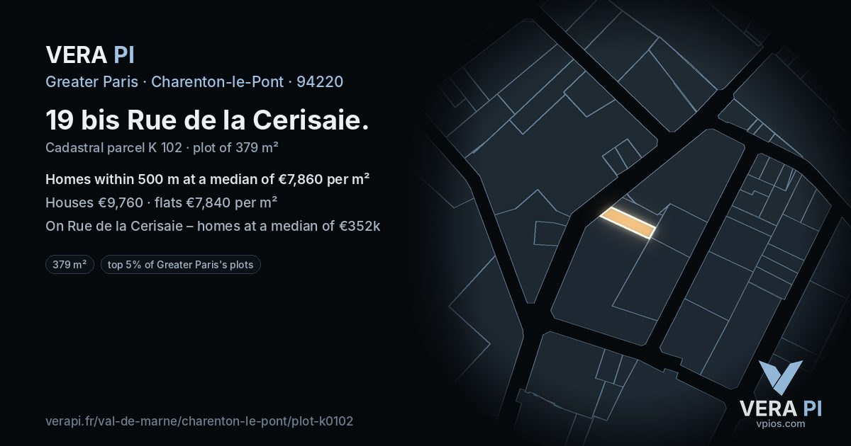 19 bis Rue de la Cerisaie, Charenton-le-Pont at night – the plot lit, the parcels around coloured by the prices near them