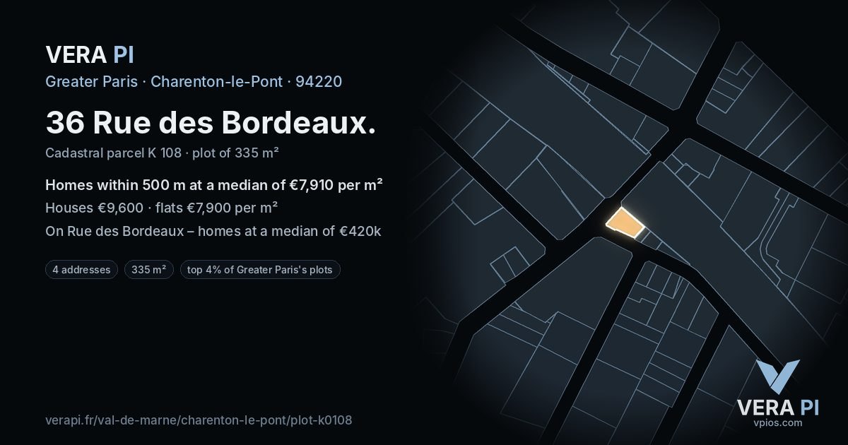 36 Rue des Bordeaux, Charenton-le-Pont at night – the plot lit, the parcels around coloured by the prices near them