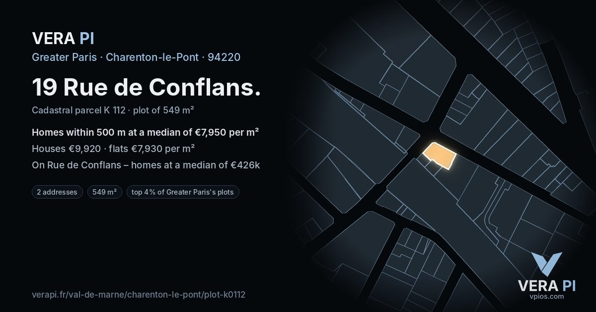 19 Rue de Conflans, Charenton-le-Pont at night – the plot lit, the parcels around coloured by the prices near them