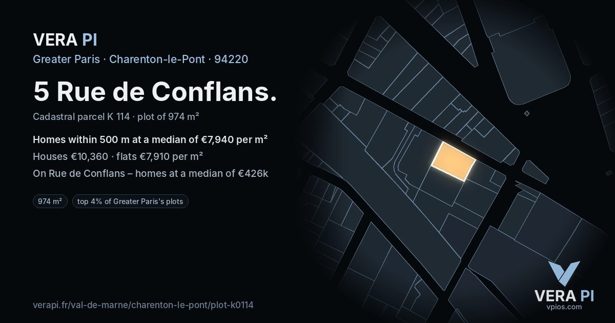 5 Rue de Conflans, Charenton-le-Pont at night – the plot lit, the parcels around coloured by the prices near them