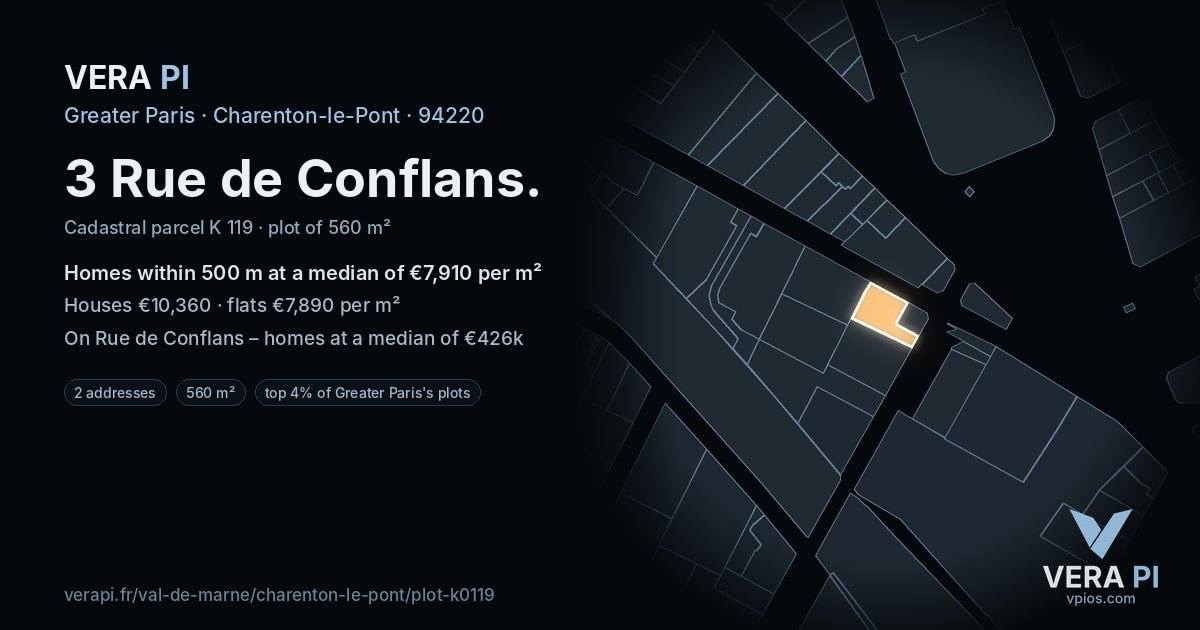3 Rue de Conflans, Charenton-le-Pont at night – the plot lit, the parcels around coloured by the prices near them