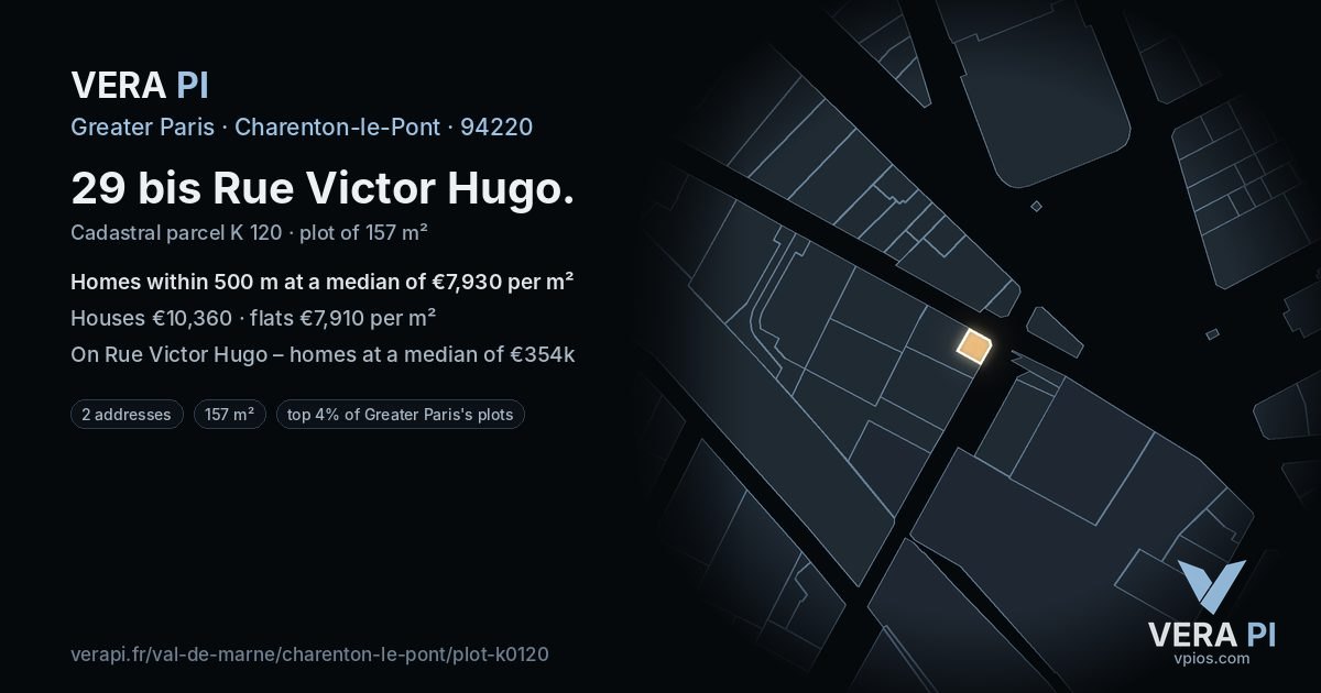 29 bis Rue Victor Hugo, Charenton-le-Pont at night – the plot lit, the parcels around coloured by the prices near them