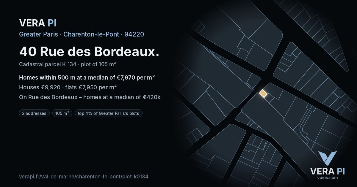 40 Rue des Bordeaux, Charenton-le-Pont at night – the plot lit, the parcels around coloured by the prices near them
