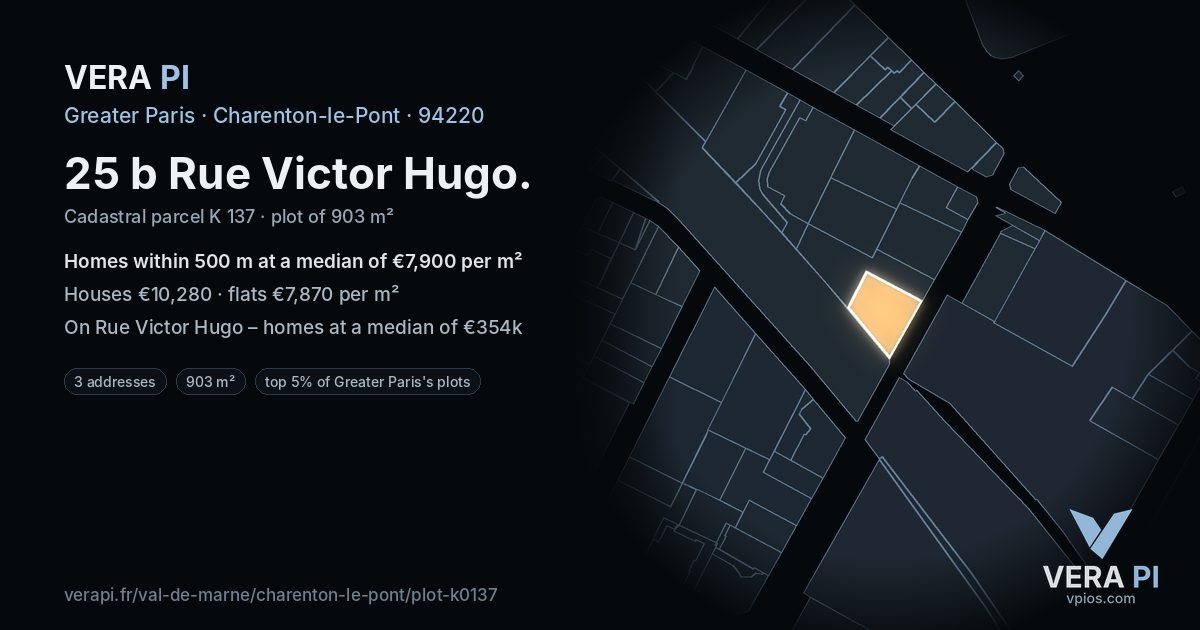 25 b Rue Victor Hugo, Charenton-le-Pont at night – the plot lit, the parcels around coloured by the prices near them