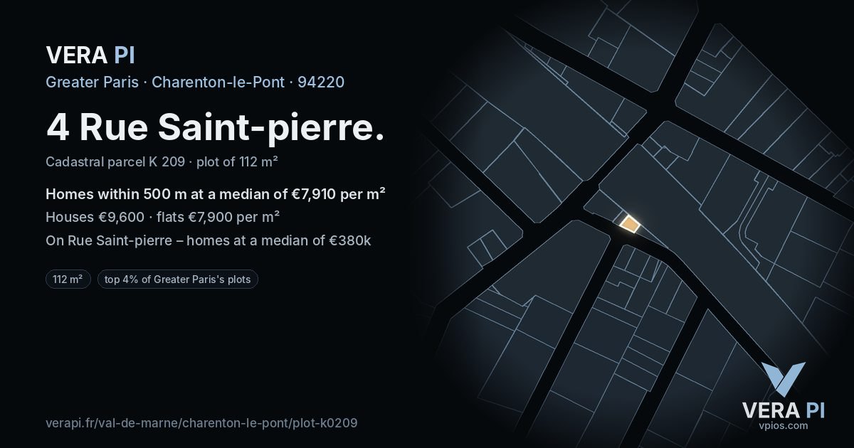 4 Rue Saint-pierre, Charenton-le-Pont at night – the plot lit, the parcels around coloured by the prices near them