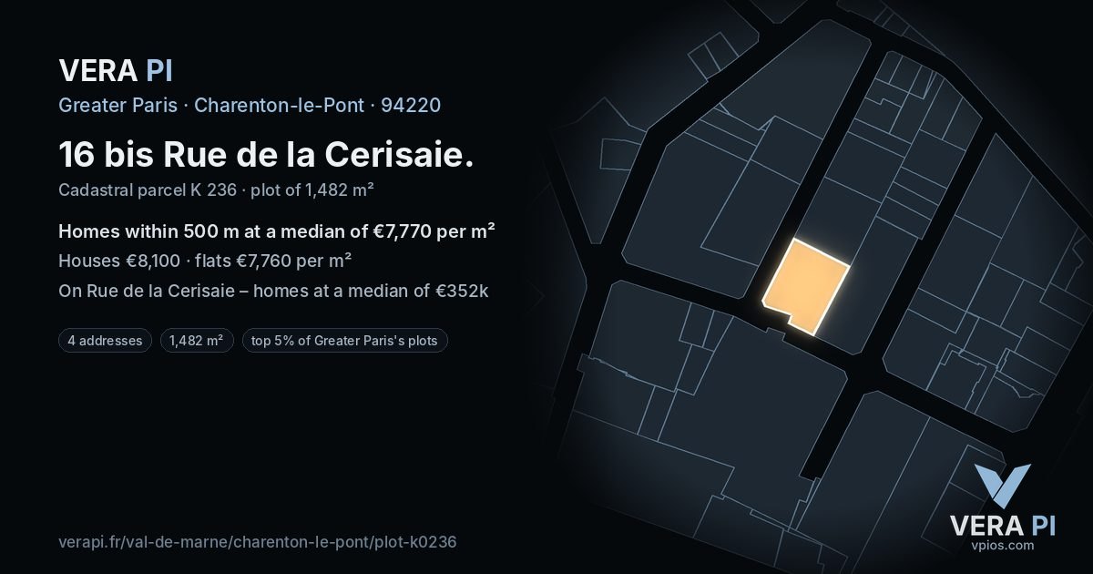 16 bis Rue de la Cerisaie, Charenton-le-Pont at night – the plot lit, the parcels around coloured by the prices near them