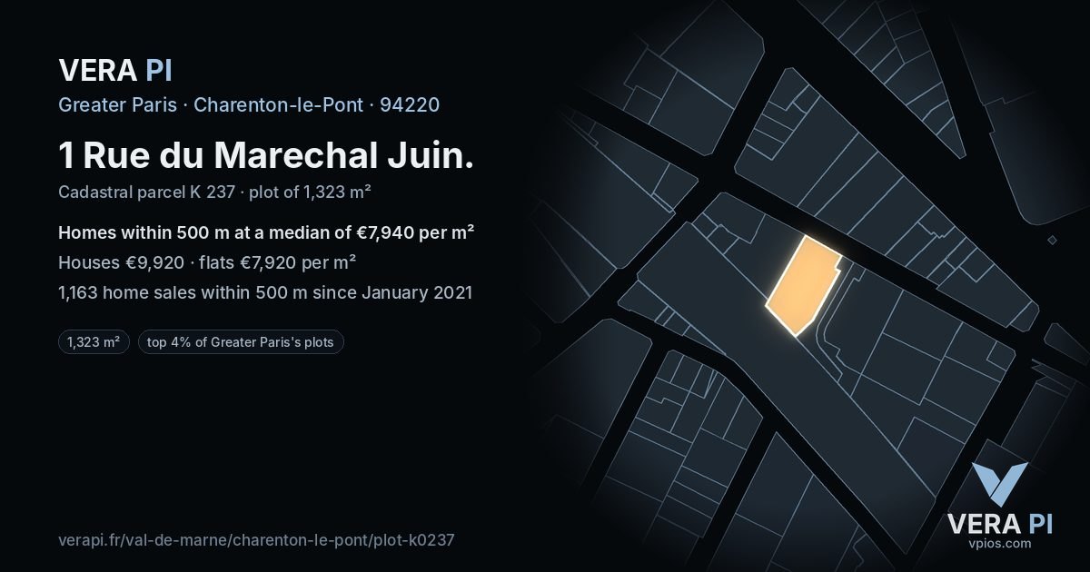 1 Rue du Marechal Juin, Charenton-le-Pont at night – the plot lit, the parcels around coloured by the prices near them