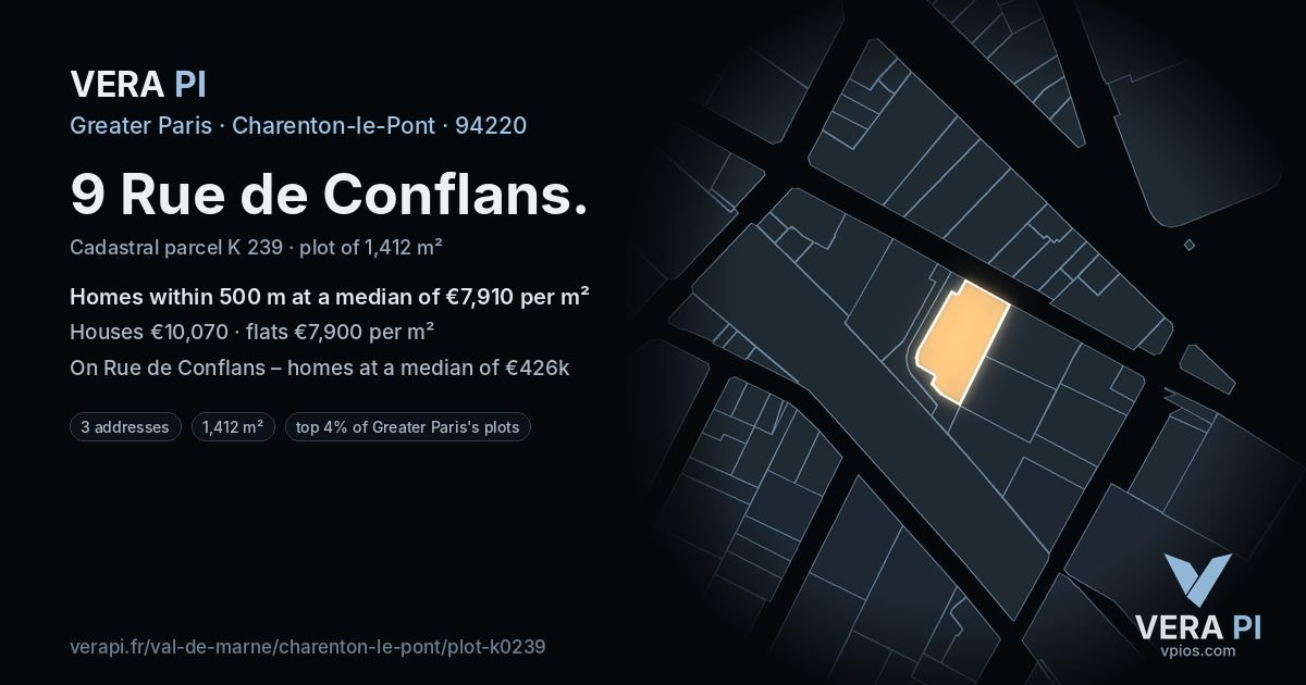 9 Rue de Conflans, Charenton-le-Pont at night – the plot lit, the parcels around coloured by the prices near them