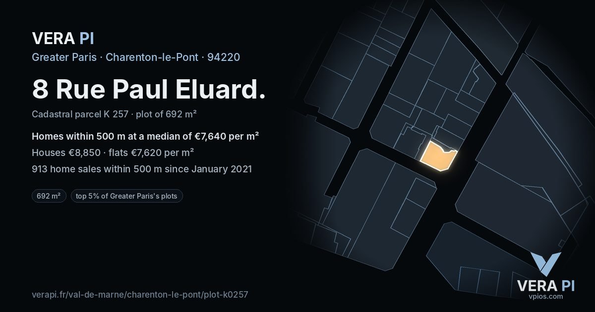 8 Rue Paul Eluard, Charenton-le-Pont at night – the plot lit, the parcels around coloured by the prices near them