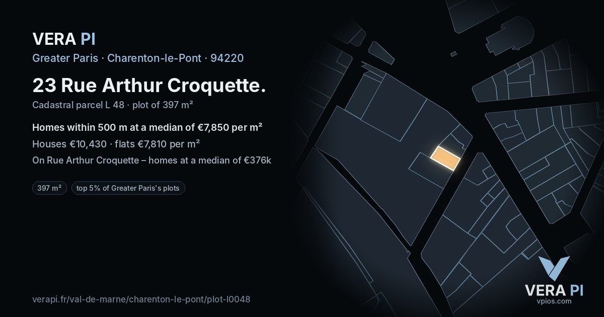 23 Rue Arthur Croquette, Charenton-le-Pont at night – the plot lit, the parcels around coloured by the prices near them