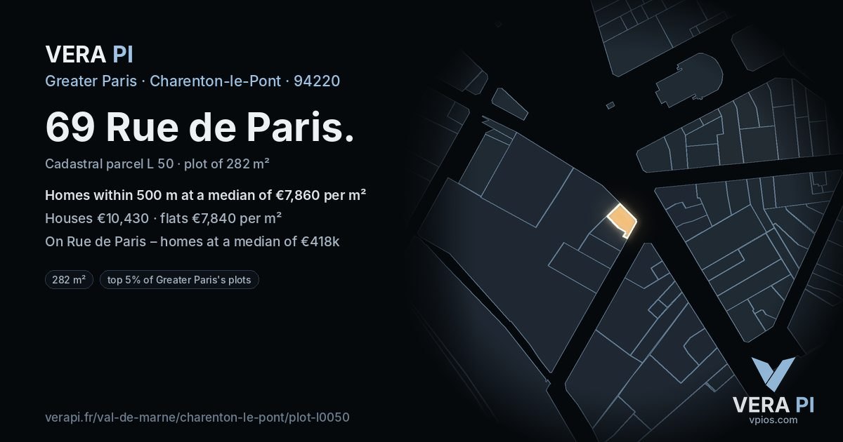 69 Rue de Paris, Charenton-le-Pont at night – the plot lit, the parcels around coloured by the prices near them