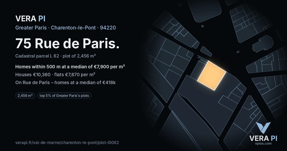 75 Rue de Paris, Charenton-le-Pont at night – the plot lit, the parcels around coloured by the prices near them