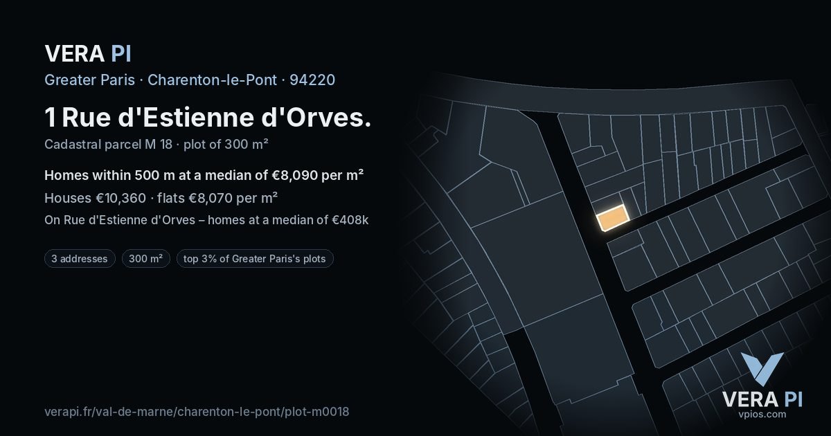1 Rue d'Estienne d'Orves, Charenton-le-Pont at night – the plot lit, the parcels around coloured by the prices near them