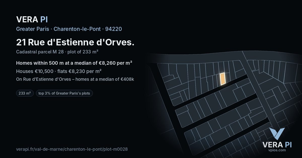 21 Rue d'Estienne d'Orves, Charenton-le-Pont at night – the plot lit, the parcels around coloured by the prices near them