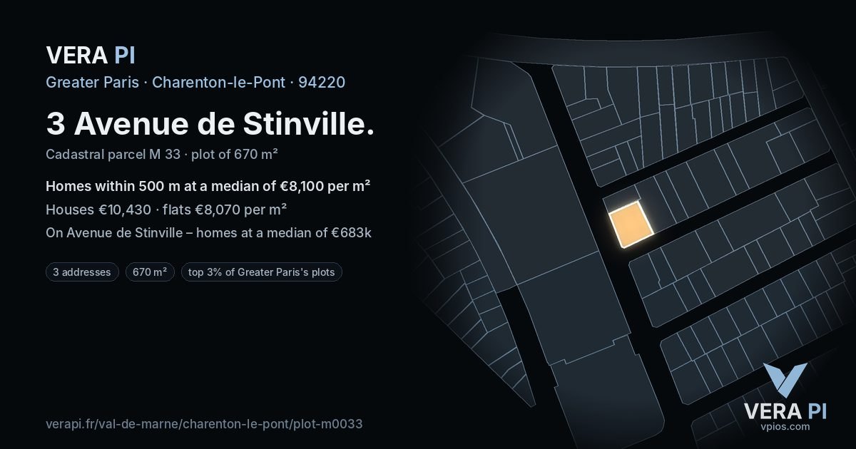 3 Avenue de Stinville, Charenton-le-Pont at night – the plot lit, the parcels around coloured by the prices near them