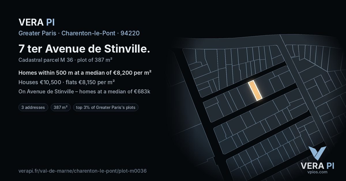 7 ter Avenue de Stinville, Charenton-le-Pont at night – the plot lit, the parcels around coloured by the prices near them
