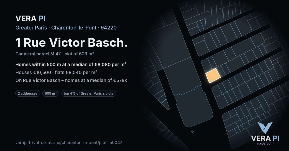 1 Rue Victor Basch, Charenton-le-Pont at night – the plot lit, the parcels around coloured by the prices near them