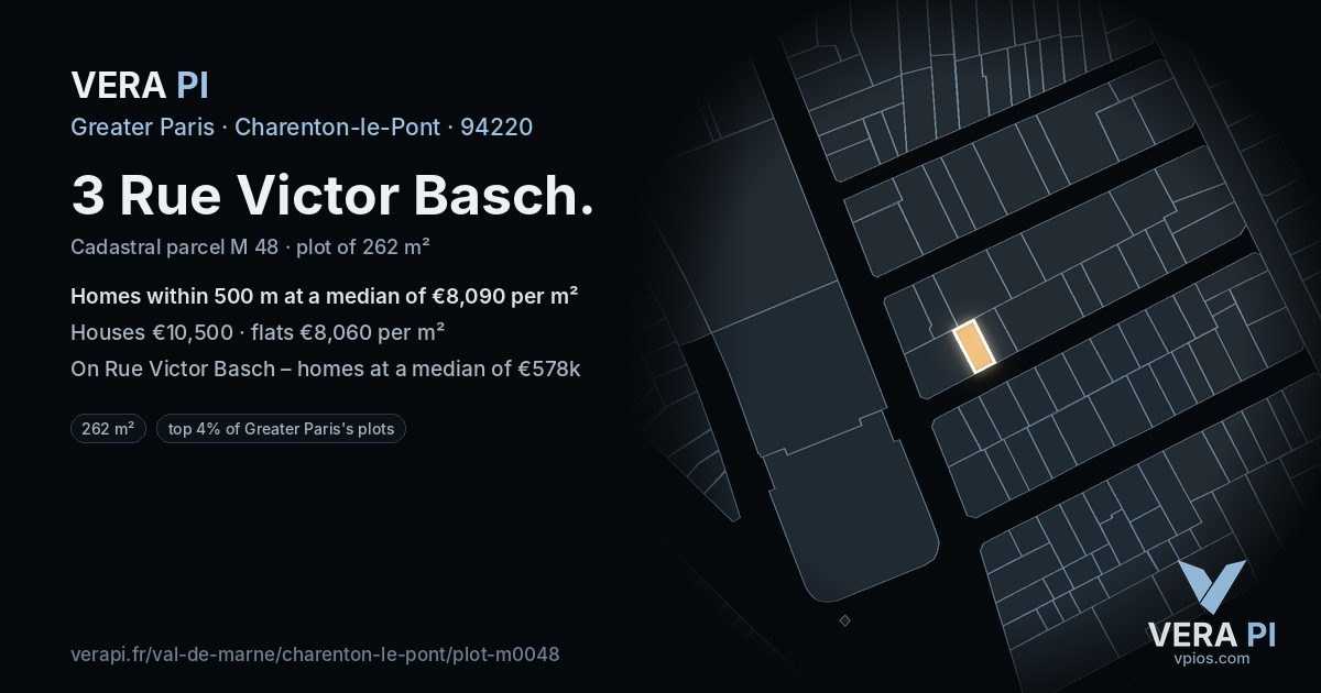 3 Rue Victor Basch, Charenton-le-Pont at night – the plot lit, the parcels around coloured by the prices near them