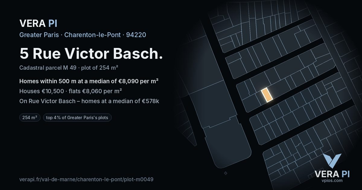5 Rue Victor Basch, Charenton-le-Pont at night – the plot lit, the parcels around coloured by the prices near them