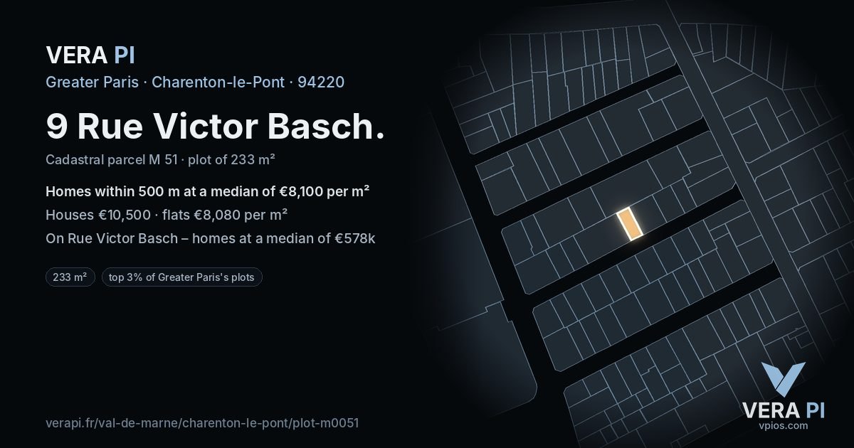 9 Rue Victor Basch, Charenton-le-Pont at night – the plot lit, the parcels around coloured by the prices near them