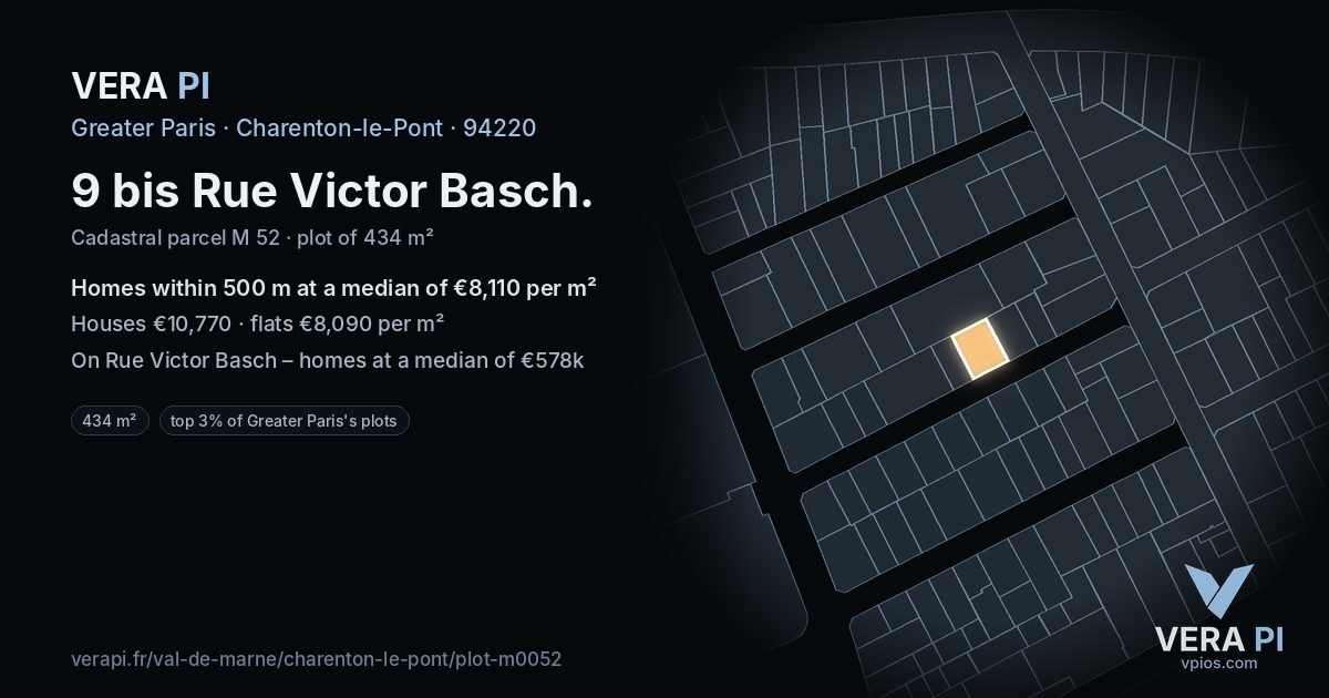 9 bis Rue Victor Basch, Charenton-le-Pont at night – the plot lit, the parcels around coloured by the prices near them